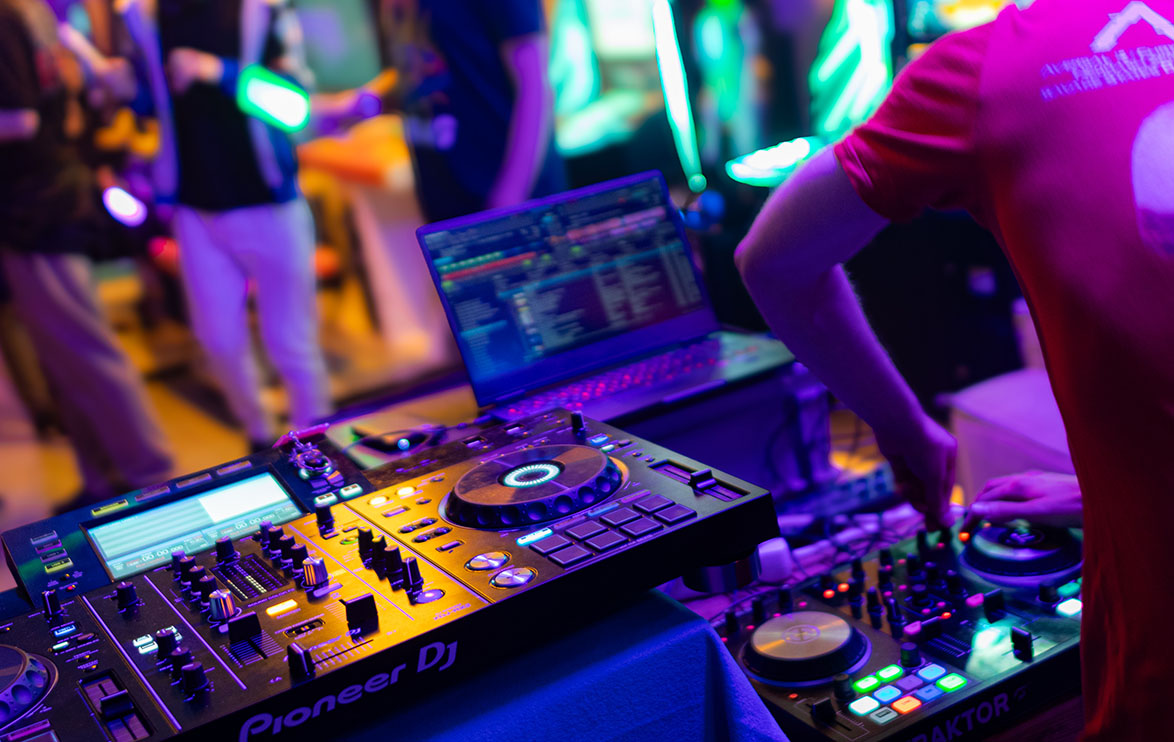 Image of turntables with a blurred background.